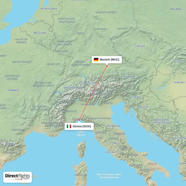 Munich - Genoa direct flight map