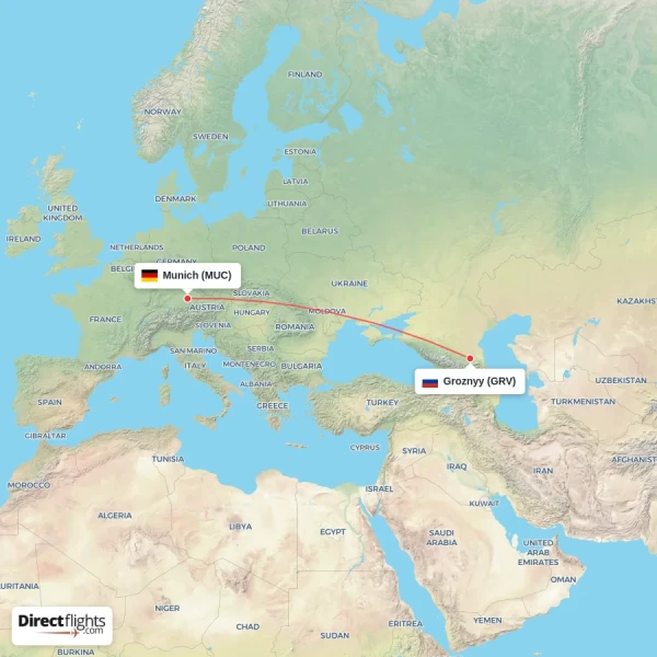 Munich - Groznyy direct flight map