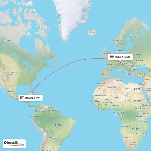 Munich - Havana direct flight map