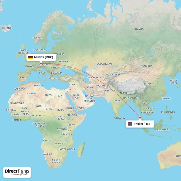 Munich - Phuket direct flight map