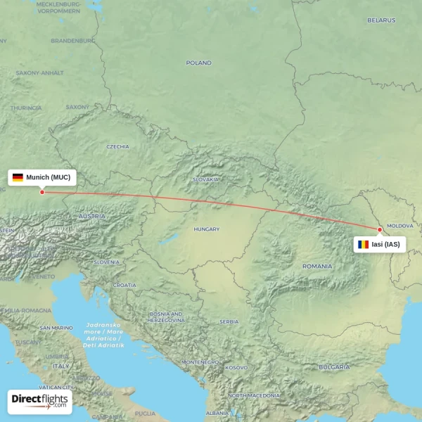 Munich - Iasi direct flight map