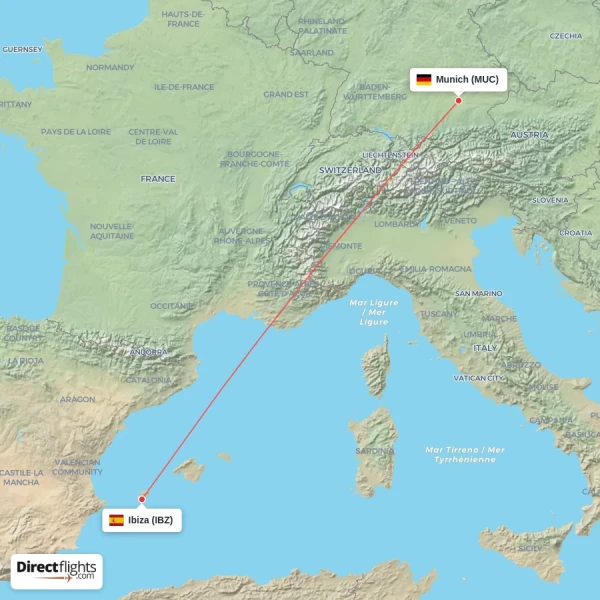 Munich - Ibiza direct flight map