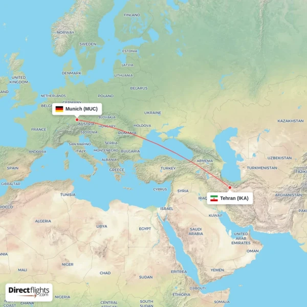 Munich - Tehran direct flight map