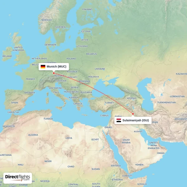Munich - Sulaimaniyah direct flight map