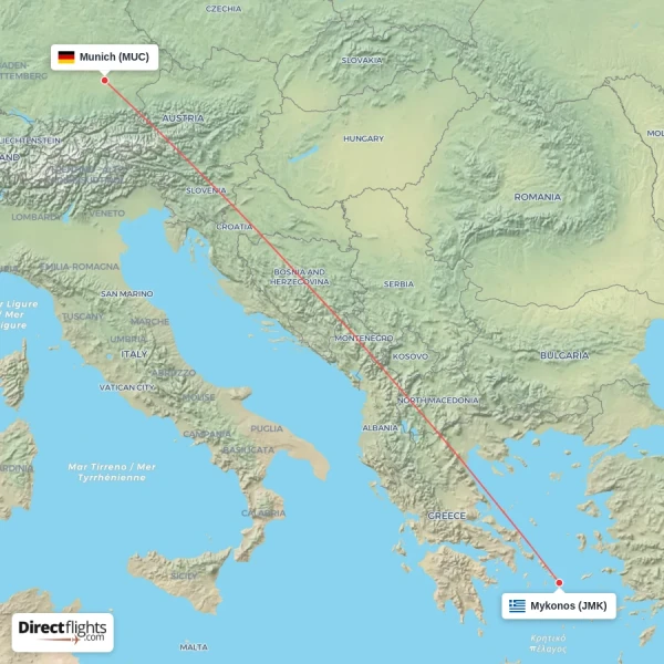 Munich - Mykonos direct flight map