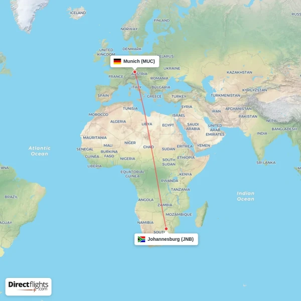 Munich - Johannesburg direct flight map