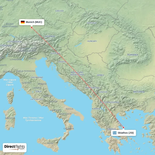 Munich - Skiathos direct flight map