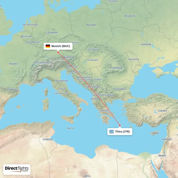 Munich - Thira direct flight map