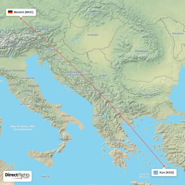 Munich - Kos direct flight map