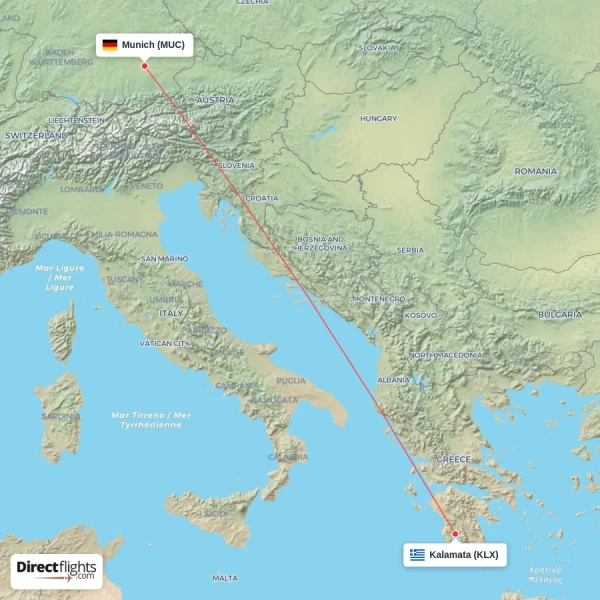 Munich - Kalamata direct flight map