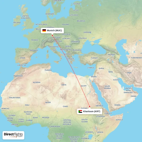 Munich - Khartoum direct flight map