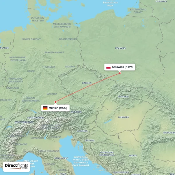 Munich - Katowice direct flight map