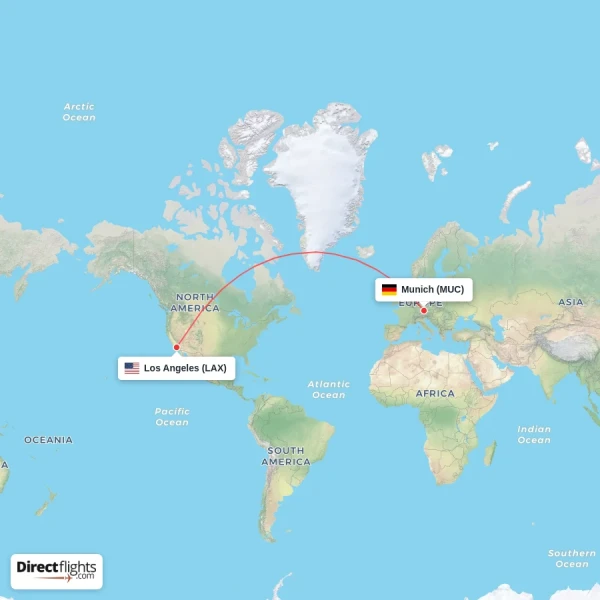 Munich - Los Angeles direct flight map