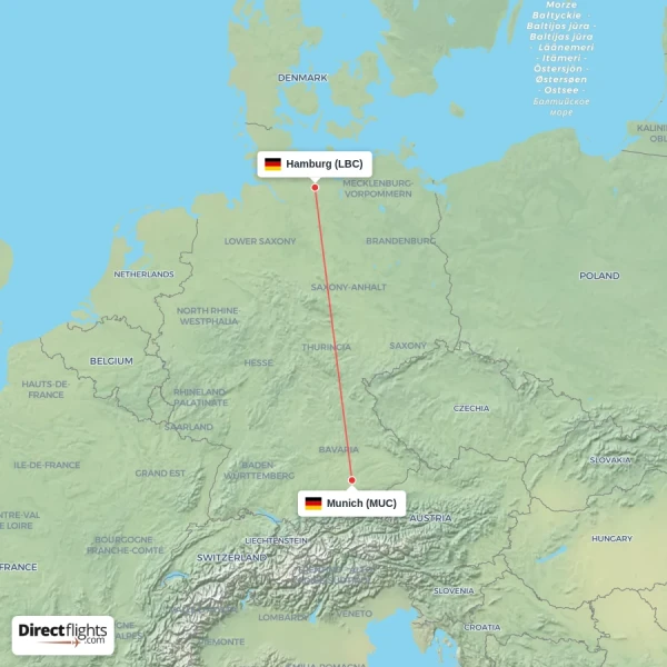 Munich - Hamburg direct flight map