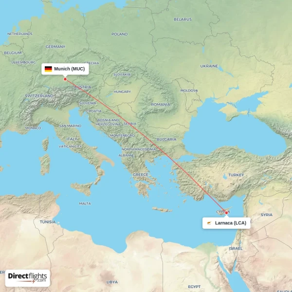 Munich - Larnaca direct flight map