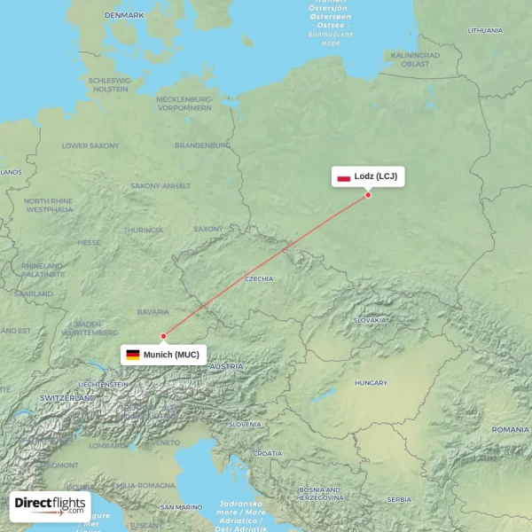 Munich - Lodz direct flight map