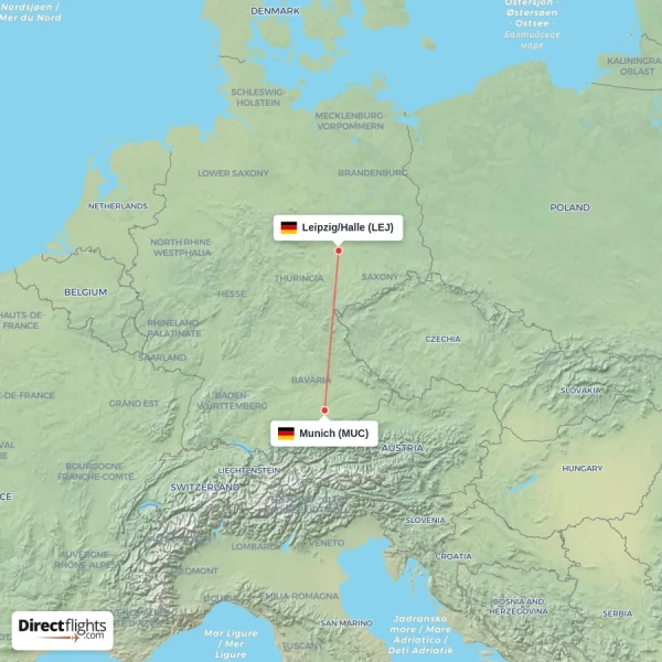 Munich - Leipzig/Halle direct flight map