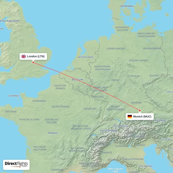 Munich - London direct flight map