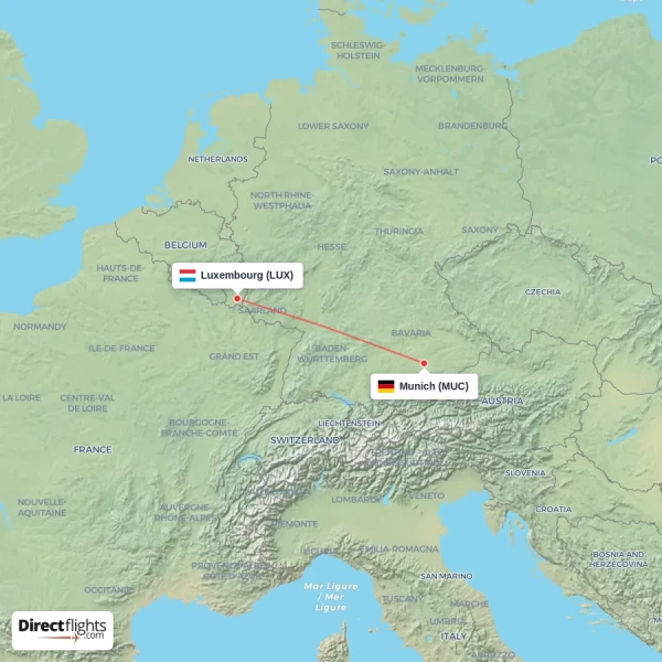 Munich - Luxembourg direct flight map