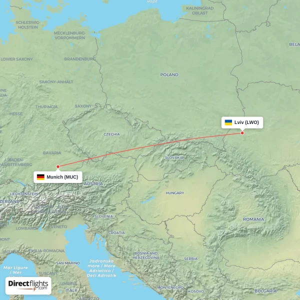 Munich - Lviv direct flight map