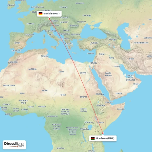 Munich - Mombasa direct flight map