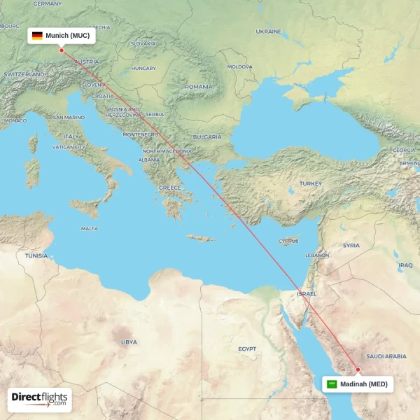 Munich - Madinah direct flight map
