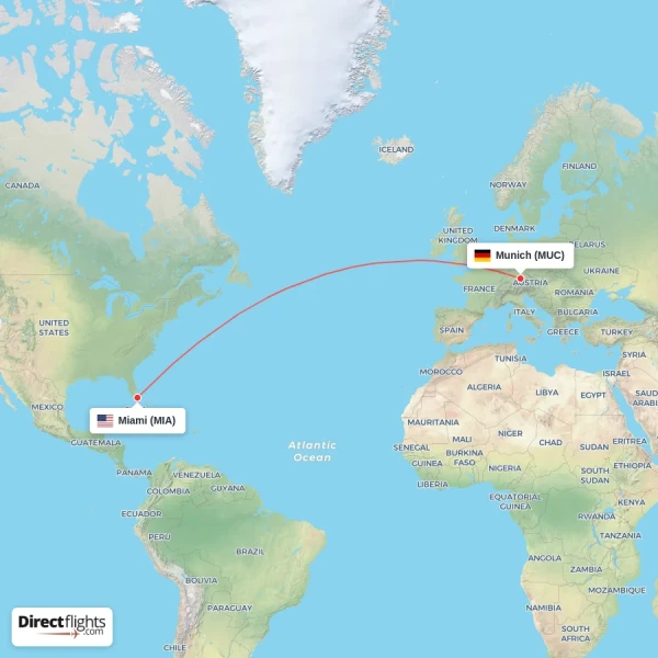 Munich - Miami direct flight map
