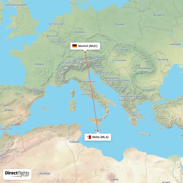 Munich - Malta direct flight map
