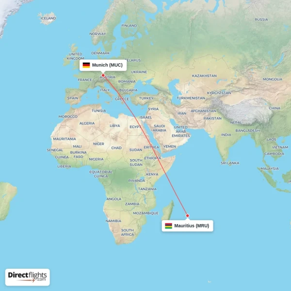 Munich - Mauritius direct flight map