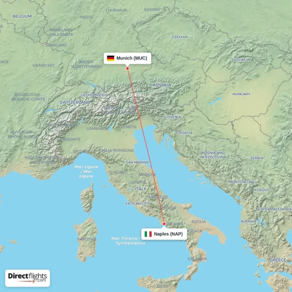 Munich - Naples direct flight map