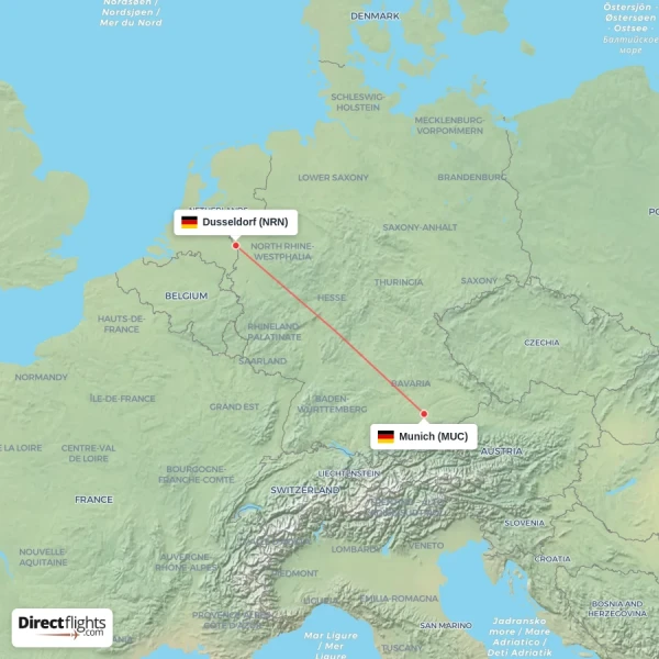 Munich - Dusseldorf direct flight map