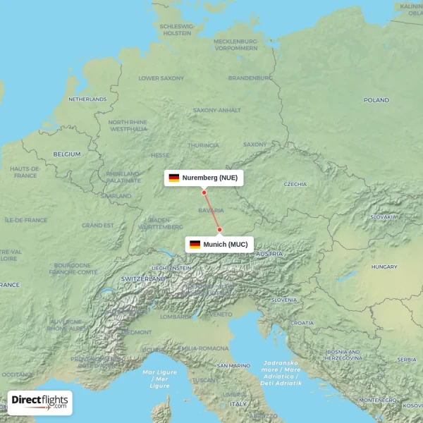 Munich - Nuremberg direct flight map