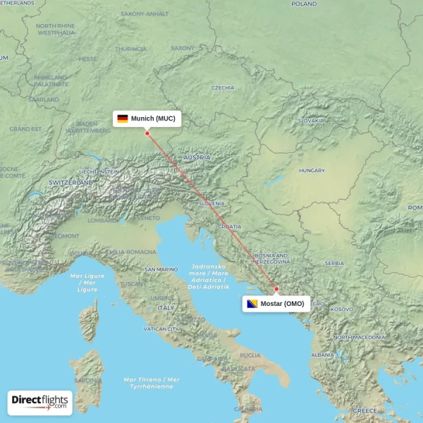 Munich - Mostar direct flight map