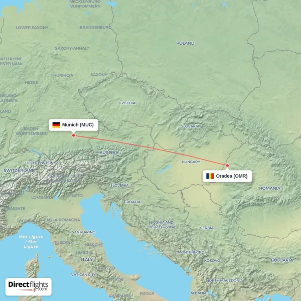 Munich - Oradea direct flight map