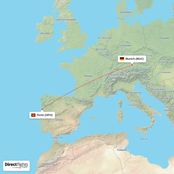 Munich - Porto direct flight map