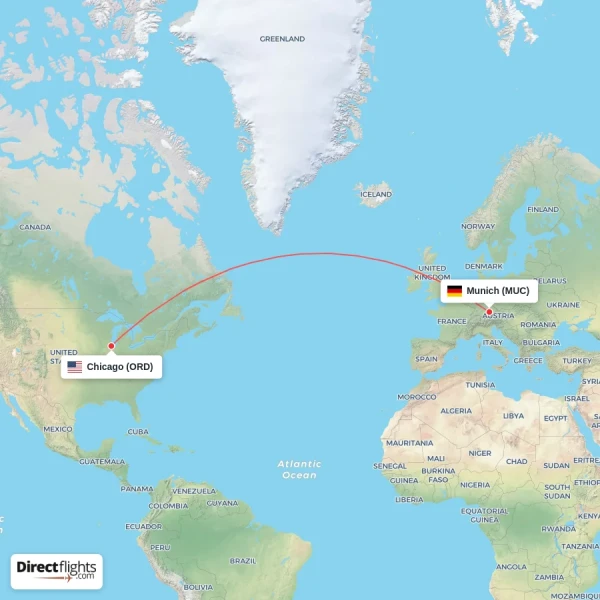 Munich - Chicago direct flight map
