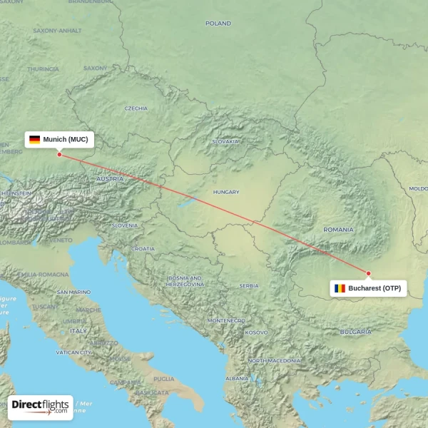 Munich - Bucharest direct flight map