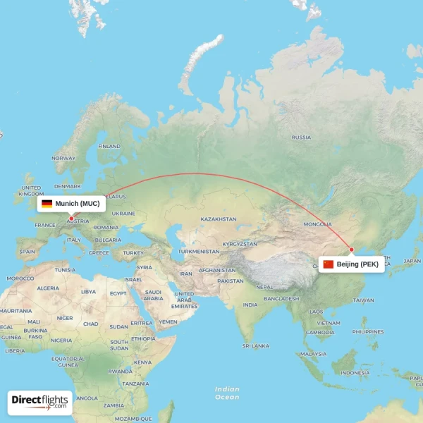 Munich - Beijing direct flight map