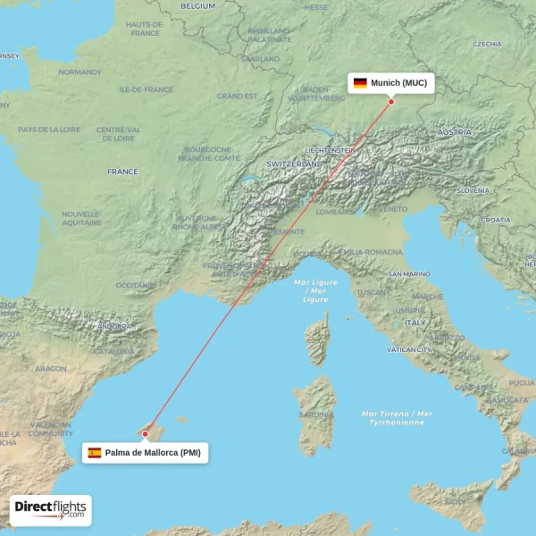 Munich - Palma de Mallorca direct flight map