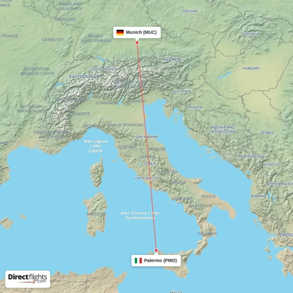 Munich - Palermo direct flight map
