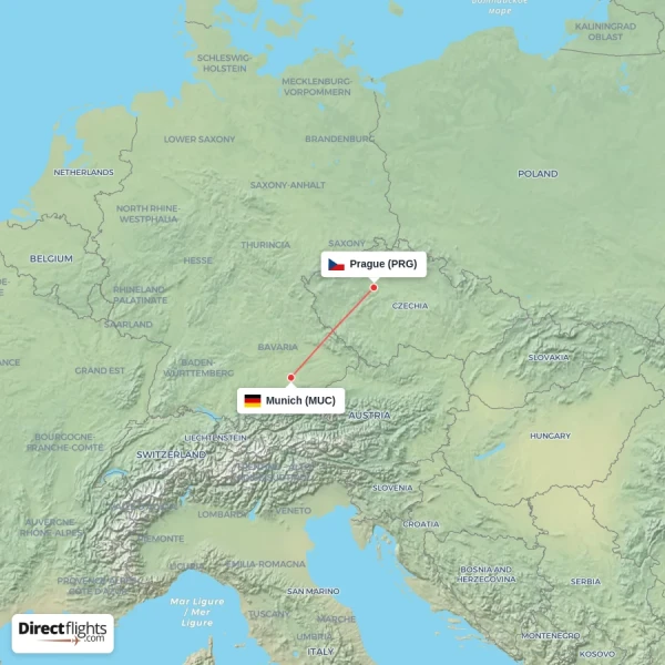 Munich - Prague direct flight map