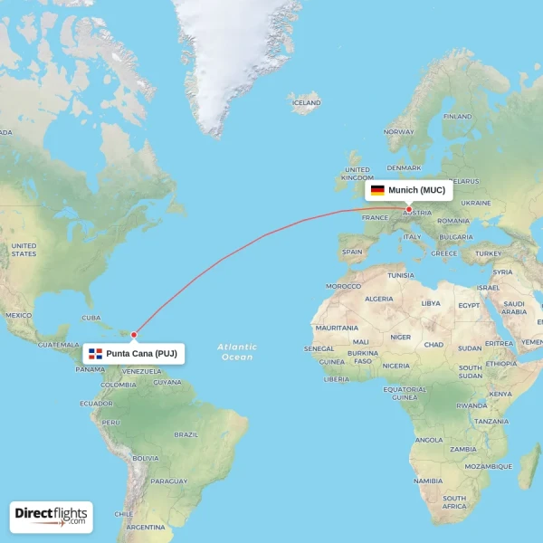 Munich - Punta Cana direct flight map