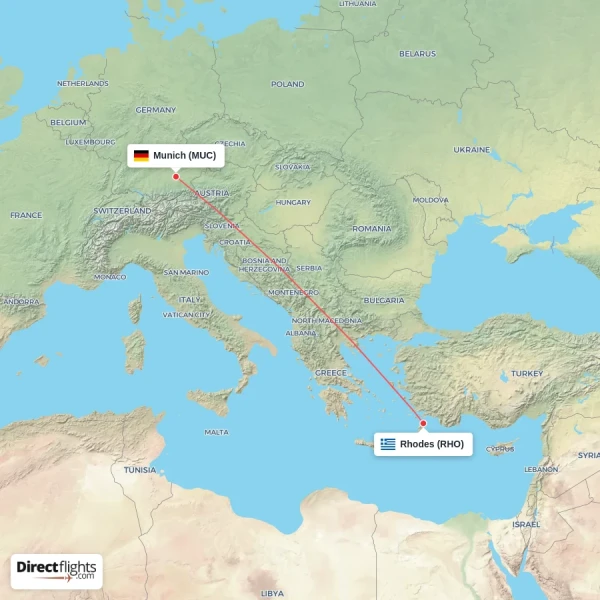 Munich - Rhodes direct flight map