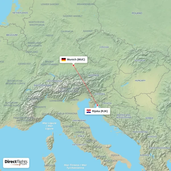 Munich - Rijeka direct flight map
