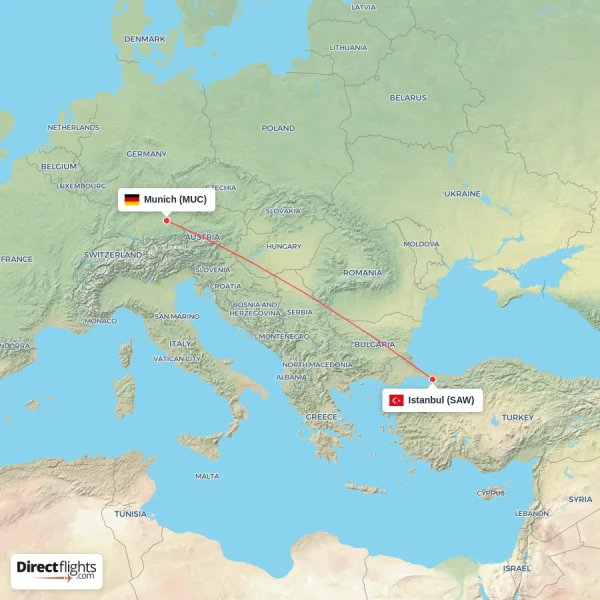 Munich - Istanbul direct flight map