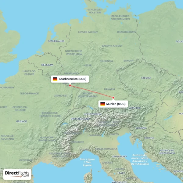 Munich - Saarbruecken direct flight map