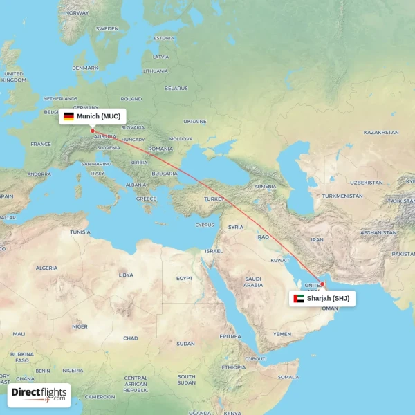 Munich - Sharjah direct flight map