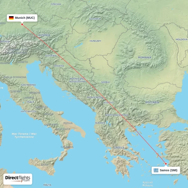 Munich - Samos direct flight map