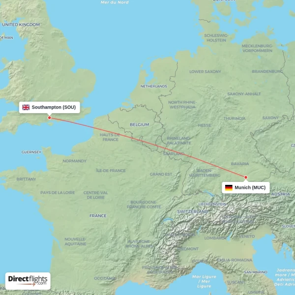 Munich - Southampton direct flight map