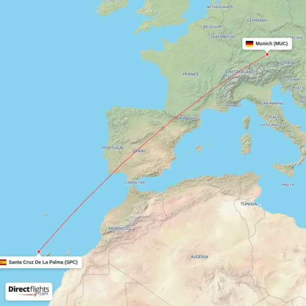 Munich - Santa Cruz De La Palma direct flight map
